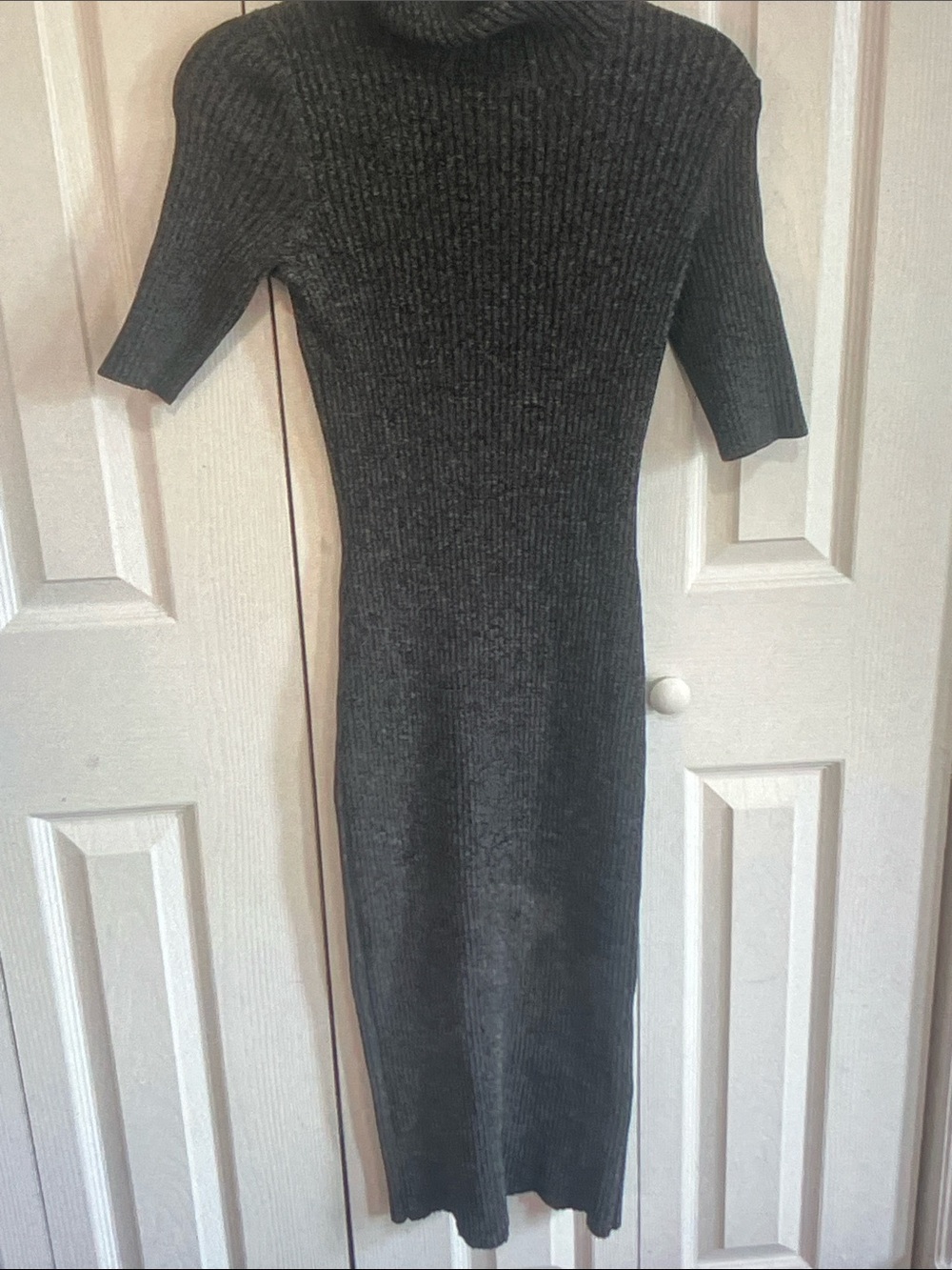 INTERMIX Charcoal Ribbed Short-Sleeve Turtleneck Midi Dress